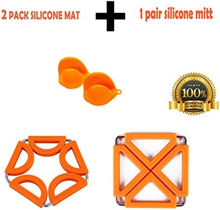 OZUZ Multipurpose Silicone Kitchen Tool : 1PAIR Pot Holders (Oven Mini Mitt) plus 2PCS Expandable Heat Resistant Hot Pads,Cup Mat,Trivets,Spoon Rest,Coaster (Orange)