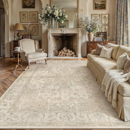 PureCozy Vintage Alfombra Salon 200x300cm Beige Habitacion Alfombras Lavable Antideslizante Grande Tapete Dormitorio Pie de Cama Sala Comedor Carpet Pelo Corto Rug