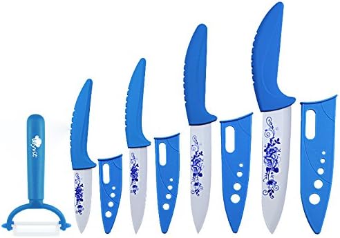 MYVIT Ceramic Knives Blue Handle Blue Printed with White Blade, Ceramic Kitchen Knife Set (3" Fruit Knife, 4" Paring, 5" Utility, 6" Chef, One Peeler)