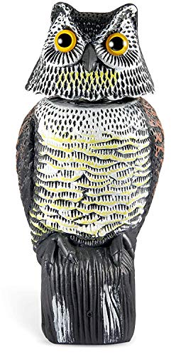 Ohuhu Horned Owl Decoy with 3 Different Tweets (Motion Activated) & Rotating Head, Fake Owl Statue to Scare Bird Away for Patio Yard Garden