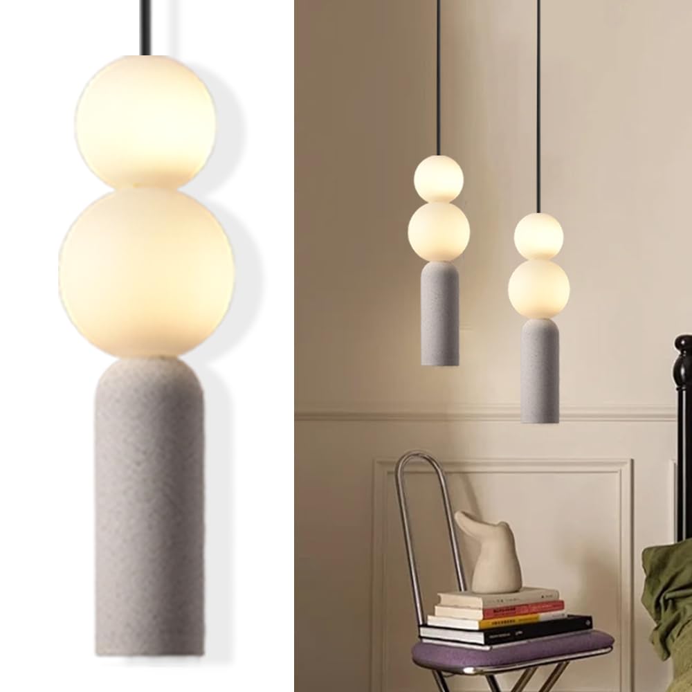 Photo 1 of WOSBO Wabi Sabi Pendant Light Modern Cement Pendant Light, Art Deco Travertine Light Fixture with Double Frosted Globe Lampshade Hanging Lamp for Kitchen Island Bedside Hallway Bedroom (2 Ball)