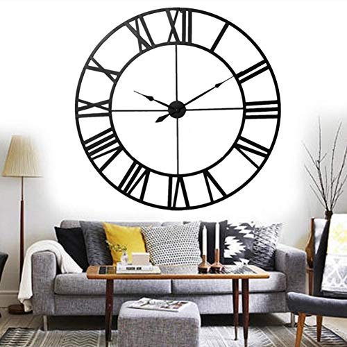 Wall Clocks European Style 3D Large Metal Decorative Roman Numerals Skeleton Silent Black Clock for Kitchen,Bedroom,Garden,Living Room,Study,Office