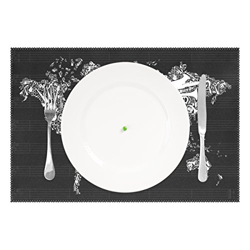 Cool Black Globe World Map Silhouette with Musical Instruments Heat-resistant Table Placemats Set of 4 Stain Resistant Table Mats Washable Eat Mat Home Dinner Decorative