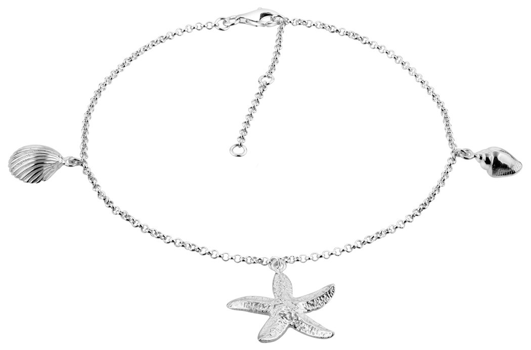 Nenalina Women anklets silver with pendant starfish and shells, ankle bracelet maritim adjustable length 23-27 cm, 925 sterling silver, 381010-000