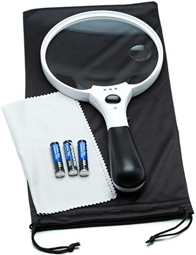 Page Magnifying Glass Bundle: Includes Lighted Handheld Quality 2X Magnifying Glass with 10x &amp; 4x Zoom + Storage Bag, Cloth, Batteries, Bonus &amp; Guarantee; Perfect Lightweight Big Magnifying Glass
