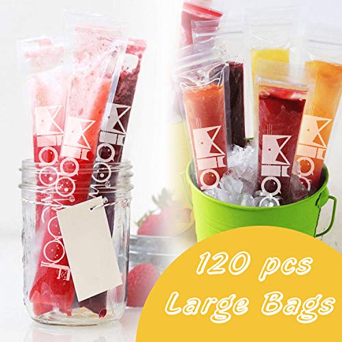 120 Disposable Ice Popsicle Mold Bags| BPA Free Freezer Tubes With Zip Seals | For Healthy Snacks, Yogurt Sticks, Juice & Fruit Smoothies, Ice Candy Pops with A Funnel 2 Pack Ice Pop Sleeves
