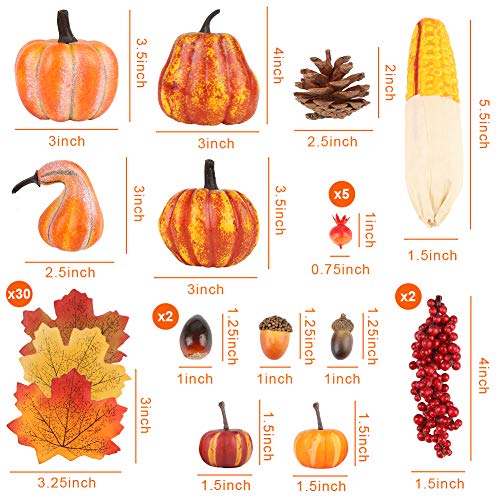 HAKACC Artificial Pumpkins, 19PCS Harvest Fruits with 30PCS Artificial Maple Leaves Fake Pumpkins and Gourds Pine Cones Acorns for Halloween Thanksgiving Decorations