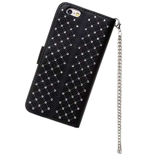 iPhone 7 Case, LU2000 Flip Folio Leather Handbag Wallet Wristlet Case with Metal Chain Sling Purse Clasp Stud Rhinestone Bling Star Decor Cover with Hand Strap for Apple iPhone 7 (4.7 inch) - Black - Thumbnail 4