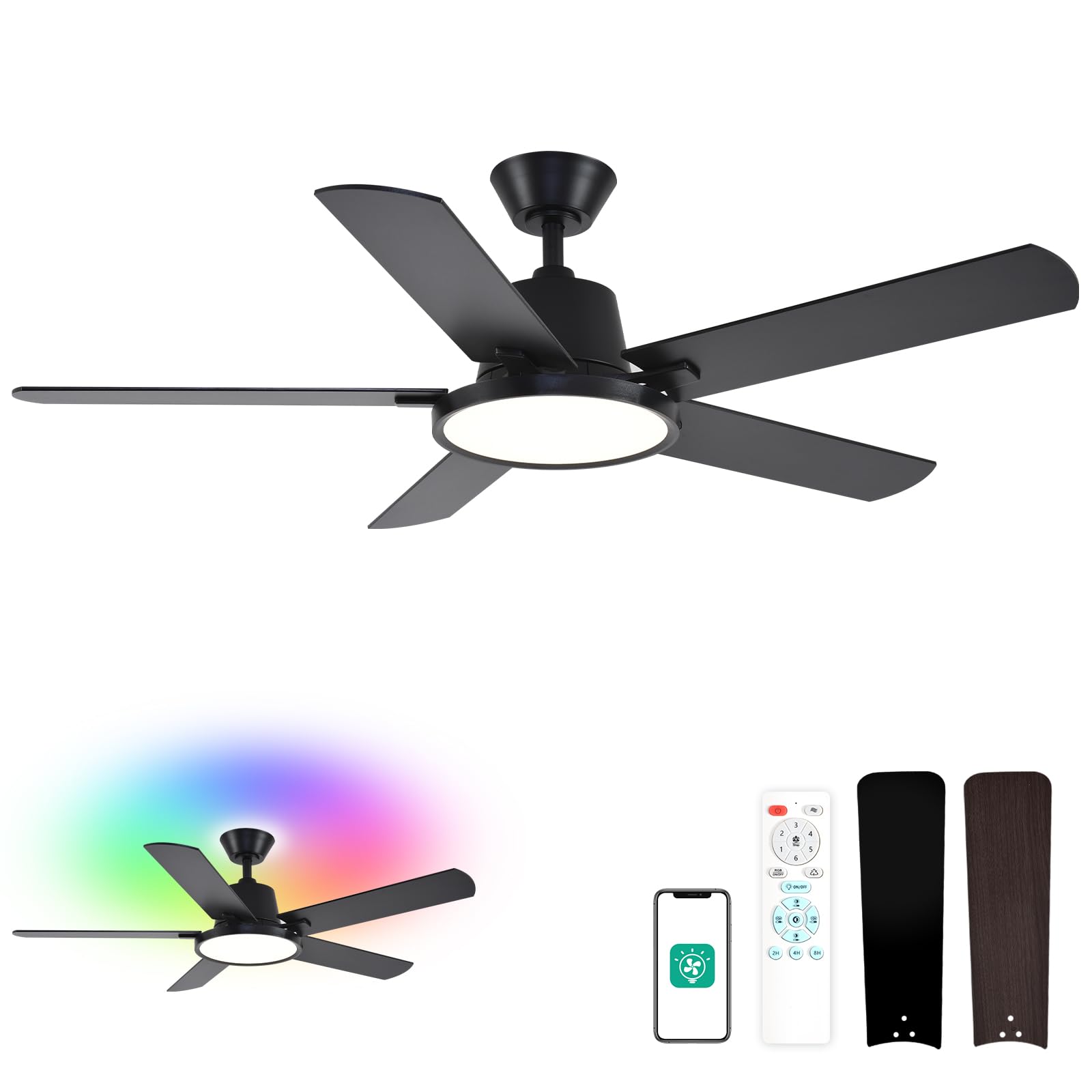 Photo 1 of Orison Ceiling Fans with Lights, 52 inch Low Profile Ceiling Fan with RGB Backlight, Flush Mount Ceiling Fan with Remote and App Control,White Bedroom Fan, 6 Speeds, 5 Reversible Blades (Black RGB)