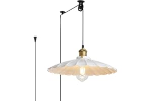 Oyisen Hanging Lamp Plug in 13.8 Inch Round Metal Shade Plug in Chandelier Vintage White Pendant Light for Kitchen Island Dome Industrial Hanging Light Living Room