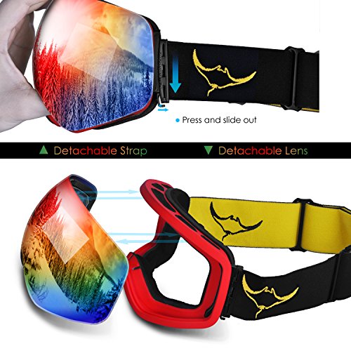 Ski Goggles, Frameless Snowboard Goggles Interchangeable Double Lens with Elastic Strap&Protective Case for Men Women - Anti Fog, 100% UV400 Protection, FDA & CE Approved Red(VLT25.4%)