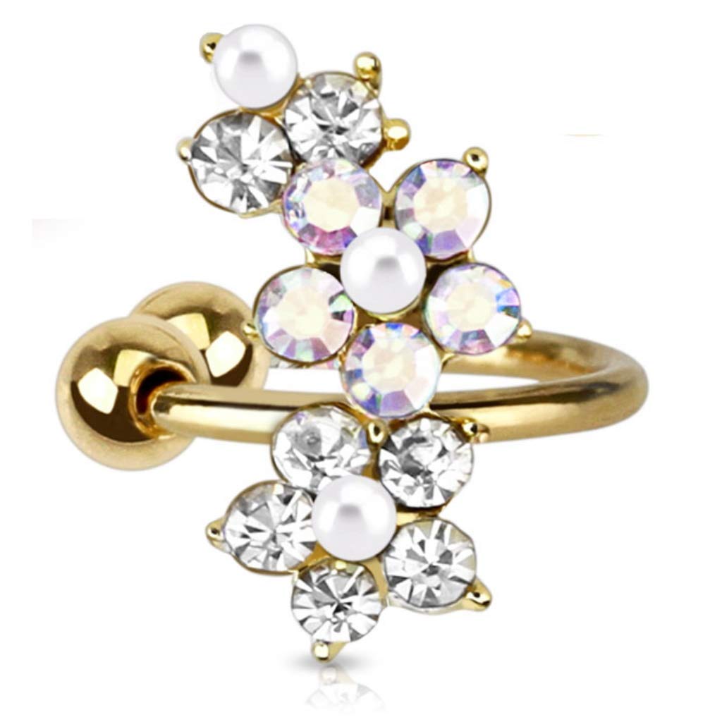 Bungsa® Golden Ear Cuff Flower with Cubic Zirconia Crystal Stone Ear Studs