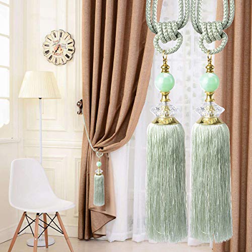 MXCELL Curtain Tiebacks Crystal Beaded Curtain Holdbacks Curtain Buckle Tassel Fringe Home Decorative 2pcs (Green) - Thumbnail 4