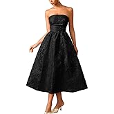 ShawGobow Strapless Corset Dress,Jacquard Formal Midi Dresses for Women,Wedding Guest Cocktail Party Outfits