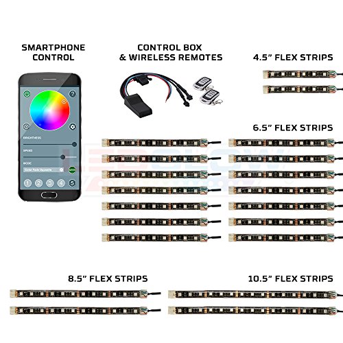 LEDGlow 20pc Advanced Million Color LED Flexible Motorcycle Lighting Strip Kit - Bluetooth-Connected Smartphone App - 192 LEDs - Waterproof Control Box - Dual Zone Control - 2 Wireless Remotes