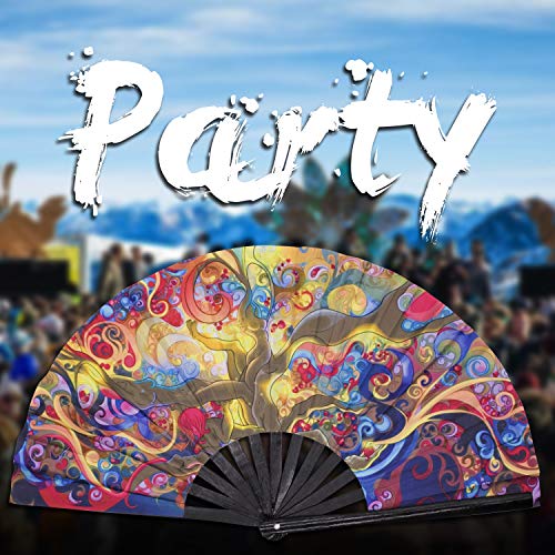 SYNTECSO Folding Hand Fan for Rave, Large Bamboo Fan for Women and Men Gift，Chinese Japanese Clack Fan for Parties, Music Festivals, Drag Race and Decoration (Trippy Tree) - Thumbnail 5