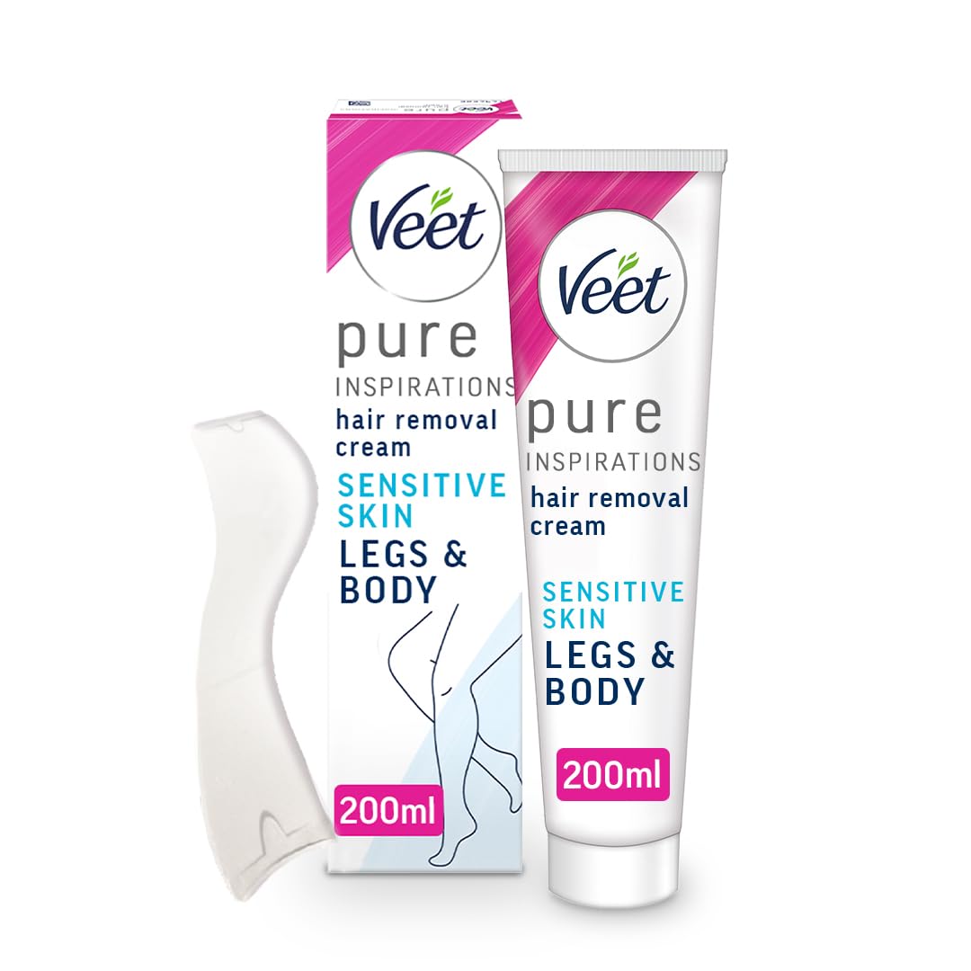 Veet Pure Sensitive Hair Removal Cream 200 ml - Leg Depilatory for Smooth, Exfoliated, and Hydrated Results with Shea Butter