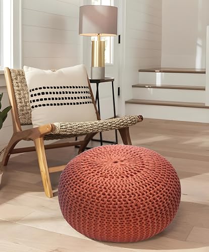Eminence Home Large Round Pouf 50x50x40cm, Hand Knitted Cable Knit Bean Bag, Cord Boho Pouffe for Living Room, Bedroom, Nursery, Patio, Lounge, Rust.