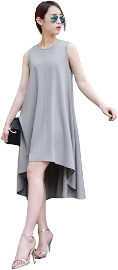Amazon フィッシュテール ワンピース ノースリーブ シフォン レディース M L 黒 灰色 シンプル アシンメトリー 美脚 Aライン モード L グレー ワンピース チュニック 通販
