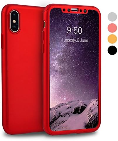 iPhone X Case, Nevoc [Perfect Fit] 360 Degree All-around Ultra Thin Full Body Coverage Protection Dual Layer Hard Slim Case + Tempered Glass Screen Protector For Apple iPhone X (Red)