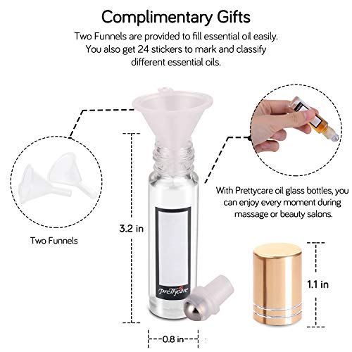 Essential Oil Roller Bottles 10ml (Clear Glass Bottle with Gold Cap, 12 Pack, 2 Extra Stainless Steel Balls, 24 Labels, Opener, Funnels by PrettyCare) Roller Balls for Oils, Roller on Bottles - Thumbnail 5