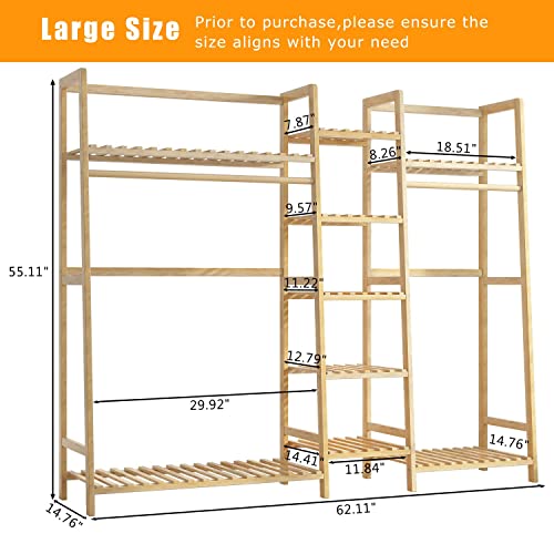 FRIZIONE Strong Bamboo Clothing Garment Rack, Double Rod Hanging Clothes Rack Heavy Duty, Free