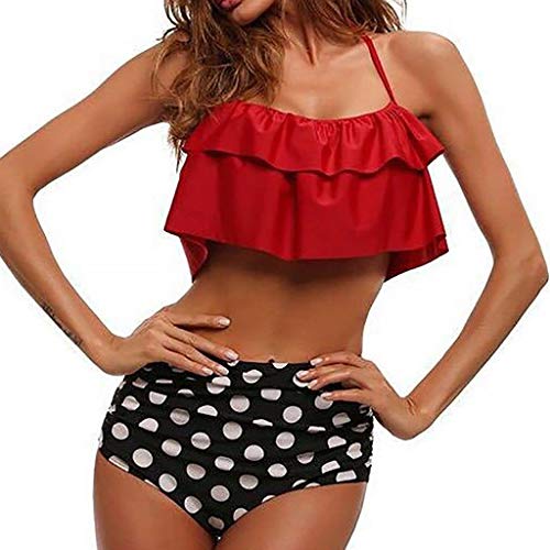 Swimsuit for Women Two Pieces Bathing Suits Top Off Shoulder Ruffled Racerback with High Waisted Bottom Tankini Set Red