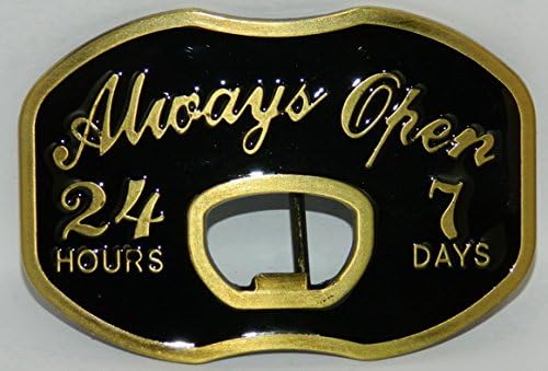 ALWAYS OPEN 24/7 ANTIQUE BRASS AND BLACK ENAMEL BOTTLE OPENER DESIGN New Belt Buckle. This item ships from Cornwall, Ontario, Canada.