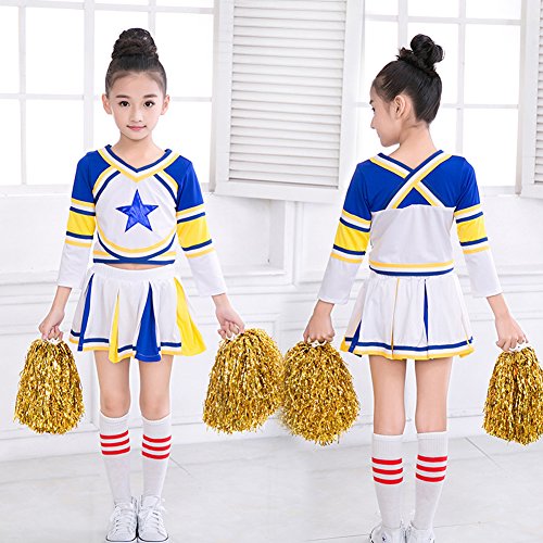 Girls Blue Cheerleader Long Sleeve Outfit+Poms+socks Fits 3-15Yrs Clothes Dress (6-8)