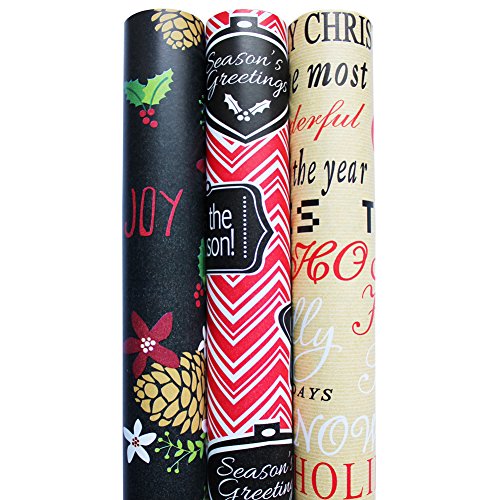 Premium Christmas Holiday Gift Wrapping Paper Rolls - Pack of 3 Rolls 120SQFT Holly and Pinecones on Modern Black Background, Red Chevron with Wordings Kraft Christmas Greetings