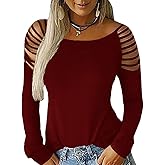 Cicy Bell Women's Long Sleeve Cold Shoulder Tops Plain Hollow Out Boat Neck Casual Blouses Shirts