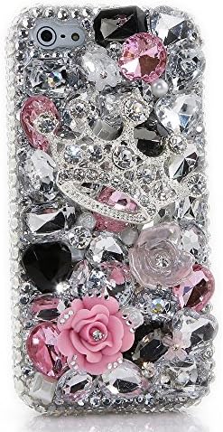 iPhone 7 Plus Bling Case - Fairy Art Luxury 3D Sparkle Series Silver Crown Rose Flowers Crystal Design Back Cover with Soft Wallet Purse Red Cloth Pouch - Pink&amp;White