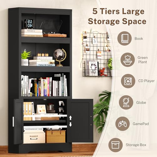 TEENFON Bookshelf with 16 Color Lighting Modes, Bookcase with 2 Doors and Adjustable Shelf, Floor Standing 5 Shelf Display Storage Shelves, Tall Bookcase for Home Office, Living Room, Black
