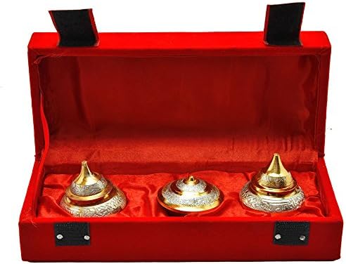 Odna Bichona Silver And Gold Plated Ancient Design Brass Kumkum Box Set (22.225x9.525x6.985, Silver And Gold)