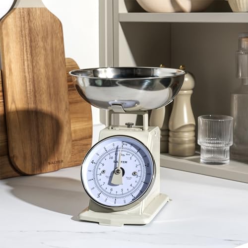 Salter SA00562BFEU12 Timeless Mechanical Kitchen Scale - 5kg Capacity, 1 Litre Dishwasher Safe Bowl, Classic Design, Easy to Read Large Digit Dial, 22cm, Cream