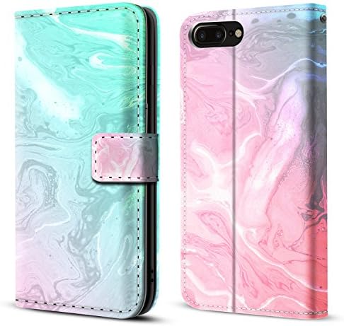 iPhone 7plus/8plus Wallet Case 5.5 inch, Stand Feature,Double Layer Shock Absorbing Premium Soft PU Color matching Leather Wallet Cover Flip Cases For apple (09-Blue pink marble)