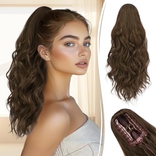 RUWISS Coleta Postiza pelo Natural con Pinza, Cola de Caballo Extensiones Ondulado 45 cm Coleta Postiza Rizada Larga Extensione de Cabello Coleta Sintética para Mujeres Castaño