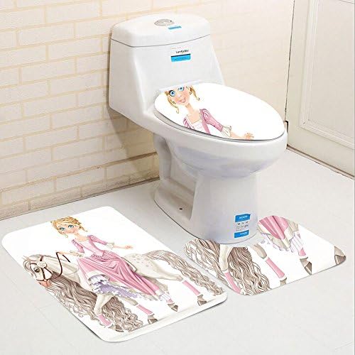 Keshia Dwete three-piece toilet seat pad customTeen Girls Collection pretty Smiling Princess on A White Horse with A Long Mane Happiness Theme Cream Pink
