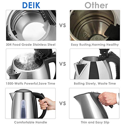 Deik Electric Kettle Stainless Steel Cordless Tea Kettle with British Strix Control, 1.7-Liter Water Kettle 1500W Fast Boiling, Hot Water Kettle Electric with Auto Shut-Off, BPA-Free