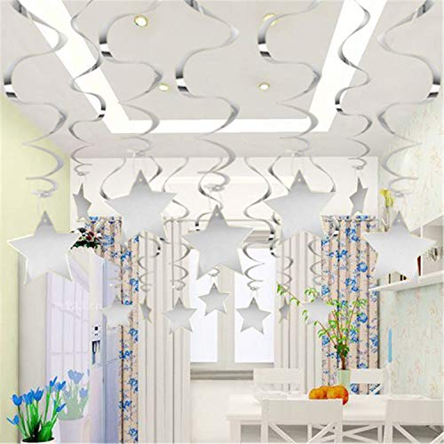 BEISHIDA Silver Star Hanging Swirl Decorations,Hanging Silver Party Supplies for Graduation Wedding Baby Shower Decorations, Pack of 15