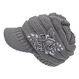 Knit Ski Cap,Canserin Women's Fashion Cable Knit Visor Hat With Flower Accent Grey
