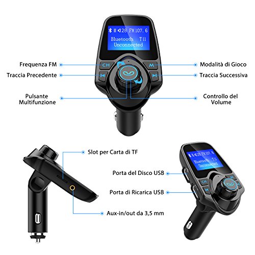 Mpow Trasmettitore FM Bluetooth, FM Trasmettitore per Auto Radio Adattatori Vivavoce Car Kit per Scheda TF, USB Port, Micro SD Card, U Disk, Cellulari, Tablet Portatile, Altri Dispositivi Bluetooth