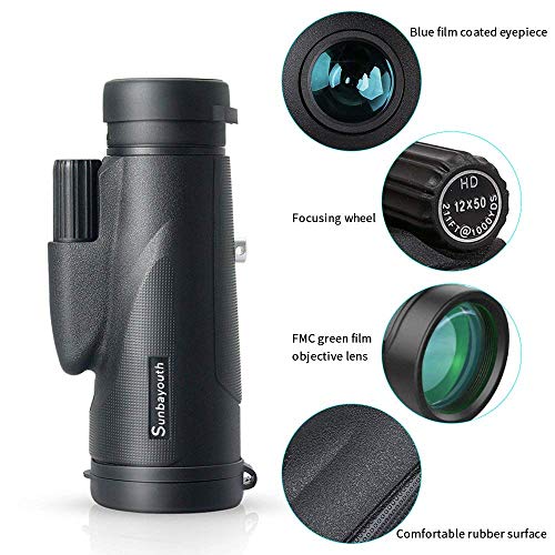 Sunba Youth 12X50 High Power Prism Monocular Telescope, Waterproof Fogproof Shockproof Scope -BAK4 FMC Prism with Smartphone Adapter and Tripod for Bird Watching Hunting Camping Traveling Scenery