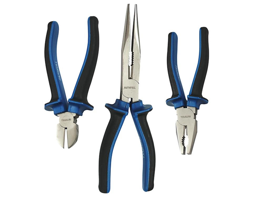 Faithfull FAIPLSET3LN 3 Piece Soft Grip Plier Set: Diagonal, Combination and Long Nose, Multi-Colour