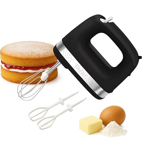 Tefal Soleil Compact Electric Hand Mixer, 2 Speeds, 2 Stainless Steel whisks, 2 Emulsion Whisks, Black, Baking, Cakes, Multifunction Kitchen Hand Mixer, Batter, 200W, Dishwasher Safe Parts, HT2118G0