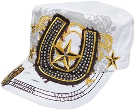 Rhinestone Horseshoe Vintage Style Cadet Cap Hat Western (White)