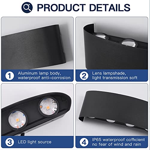 FUPE 2 Pack Outdoor/Indoor LED Outdoor Wall Lights 16W 1600lm IP65 Waterproof Modern Aluminium Up and Down Light Spot Light Wall Lamp (Black 3000K Warm Light)