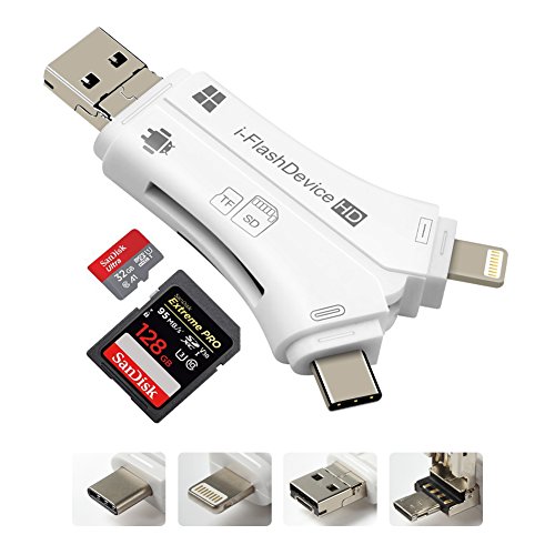 SD Card Reader, 4 in 1 i Flash Drive USB Micro SD &TF Card Reader Adapter for iPhone iPad Mac Android (white)