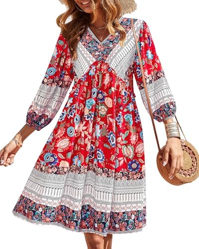 BTFBM Women Casual Summer Fall Dresses V Neck 3/4 Long Sleeve