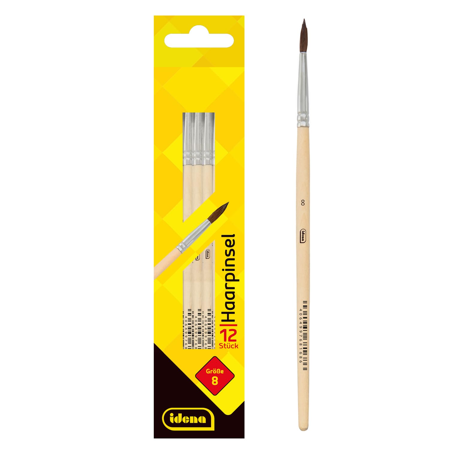 Idena 90090 Hair Brush, Size 8, with Unpainted Wooden Handle, Set of 12, Painting Brushes for School Children Hobby Artists